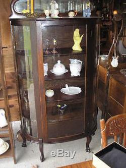 Antique Mahogany Curved Glass China Cabinet With Claw Feet