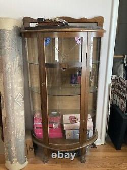 ANTIQUE OAK CURIO CABINET Glass Front CURVED with Stained Glass Accents
