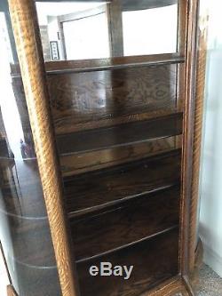 ANTIQUE OAK CURVED GLASS CHINA CABINET WithPAW FEET & MIRRORED BACK PANEL