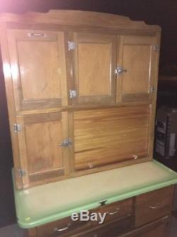 Antique Oak Hoosier Cabinet With Enamel Top, Sifter, Primitive Kitchen