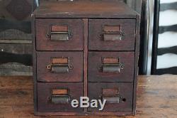 Antique Primitive Wood 6 Drawer 3 X 5 Index File Cabinet Tiger Oak Dovetailed
