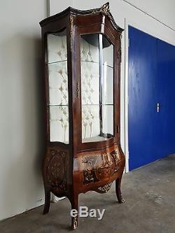 Antique Style French Louis XV Inlaid Bombe Vitrine Display Cabinet Repro Sideboa