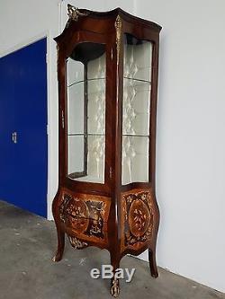 Antique Style French Louis XV Inlaid Bombe Vitrine Display Cabinet Repro Sideboa