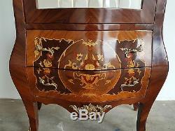 Antique Style French Louis XV Inlaid Bombe Vitrine Display Cabinet Repro Sideboa
