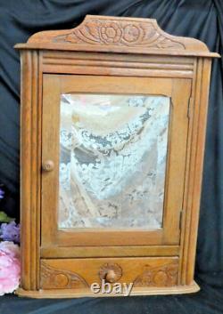 ANTIQUE Wall CABINET carved OAK apothecary SPICE medicine BEVELED MIRROR shelfs