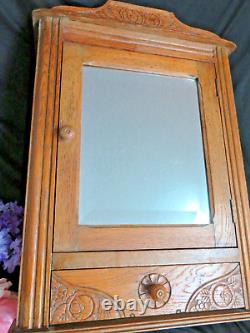 ANTIQUE Wall CABINET carved OAK apothecary SPICE medicine BEVELED MIRROR shelfs