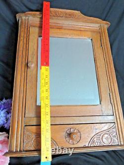 ANTIQUE Wall CABINET carved OAK apothecary SPICE medicine BEVELED MIRROR shelfs