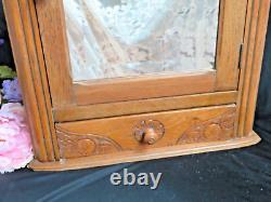 ANTIQUE Wall CABINET carved OAK apothecary SPICE medicine BEVELED MIRROR shelfs