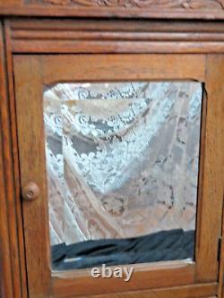 ANTIQUE Wall CABINET carved OAK apothecary SPICE medicine BEVELED MIRROR shelfs