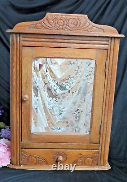 ANTIQUE Wall CABINET carved OAK apothecary SPICE medicine BEVELED MIRROR shelfs