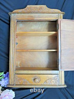 ANTIQUE Wall CABINET carved OAK apothecary SPICE medicine BEVELED MIRROR shelfs