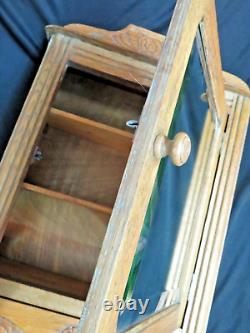 ANTIQUE Wall CABINET carved OAK apothecary SPICE medicine BEVELED MIRROR shelfs