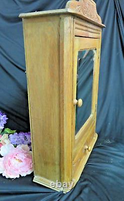 ANTIQUE Wall CABINET carved OAK apothecary SPICE medicine BEVELED MIRROR shelfs