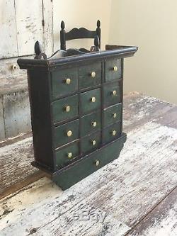 Aafa Antique Folk Art 13 Drawer Wood Apothecary Green Cabinet Alligator Paint