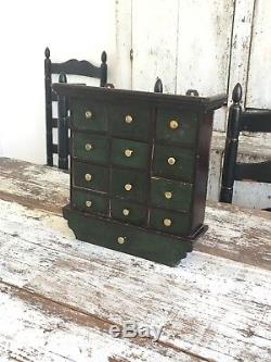 Aafa Antique Folk Art 13 Drawer Wood Apothecary Green Cabinet Alligator Paint