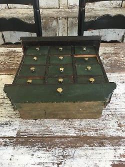 Aafa Antique Folk Art 13 Drawer Wood Apothecary Green Cabinet Alligator Paint