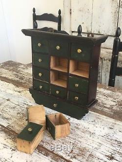 Aafa Antique Folk Art 13 Drawer Wood Apothecary Green Cabinet Alligator Paint