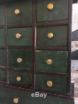 Aafa Antique Folk Art 13 Drawer Wood Apothecary Green Cabinet Alligator Paint