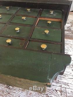 Aafa Antique Folk Art 13 Drawer Wood Apothecary Green Cabinet Alligator Paint