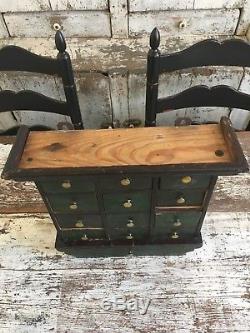 Aafa Antique Folk Art 13 Drawer Wood Apothecary Green Cabinet Alligator Paint