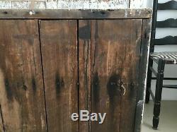 Aafa Folk Art Antique Wood Cabinet Cupboard Old White Paint Square Nails Early