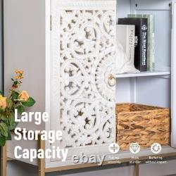 Accent Cabinet with 2 Doors Openwork Carved Storage Cabinet Sideboard Buffet White