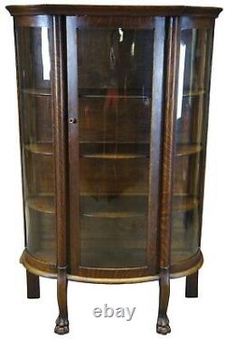 American Empire Antique Oak Curved Bowfront Glass Curio Display Cabinet Paw Feet
