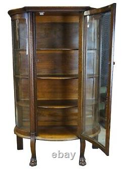American Empire Antique Oak Curved Bowfront Glass Curio Display Cabinet Paw Feet