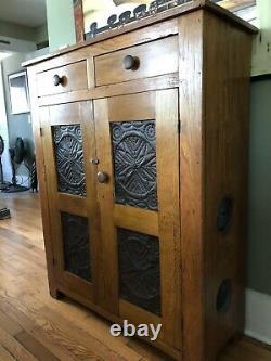 Amish Mission Style Antique Pie Safe Cabinet with 4 Punched Tin Decorative Vents