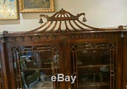 Ant. Flamed Mahogany Chippendale Pagoda Top Blind Fretwork Bookcase Breakfront