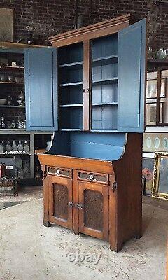 Antique 1860s Solid Chestnut Grain Painted Panel Dry Sink Cupboard
