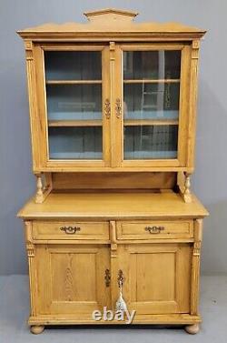 Antique 1880s Eastern European Pine Farmhouse Hutch Cabinet With Blue Interior