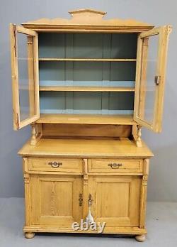 Antique 1880s Eastern European Pine Farmhouse Hutch Cabinet With Blue Interior