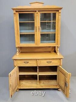 Antique 1880s Eastern European Pine Farmhouse Hutch Cabinet With Blue Interior