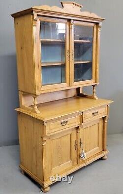 Antique 1880s Eastern European Pine Farmhouse Hutch Cabinet With Blue Interior