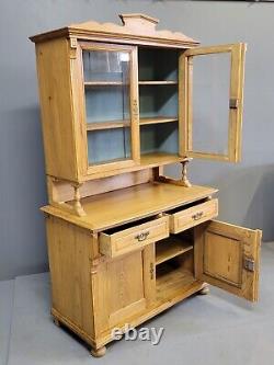 Antique 1880s Eastern European Pine Farmhouse Hutch Cabinet With Blue Interior