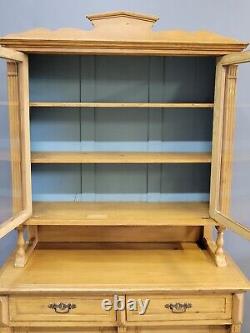 Antique 1880s Eastern European Pine Farmhouse Hutch Cabinet With Blue Interior