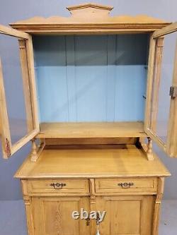 Antique 1880s Eastern European Pine Farmhouse Hutch Cabinet With Blue Interior