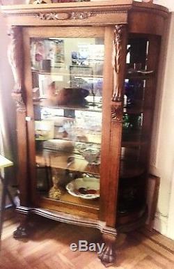 Antique 1880s Original Oak Claw Foot China Cabinet- Gorgeous Carved Detailing