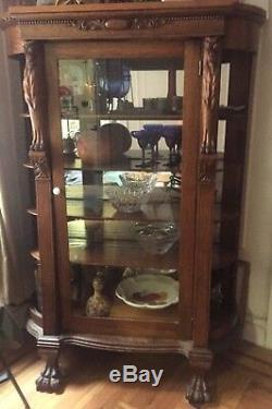 Antique 1880s Original Oak Claw Foot China Cabinet- Gorgeous Carved Detailing