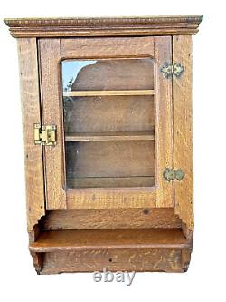 Antique 1890s tiger oak hanging curio cabinet collectors medicine Victorian