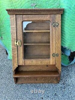 Antique 1890s tiger oak hanging curio cabinet collectors medicine Victorian