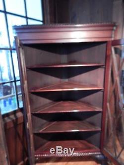 Antique 1900's Mahogany Chippendale Lion Feet Carved Corner China Cabinet 70H