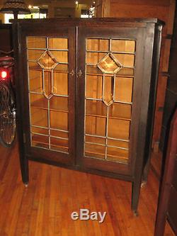 Antique 1920's Mission Oak Sheet Music Cabinet Flat File Leaded Glass 2 Door