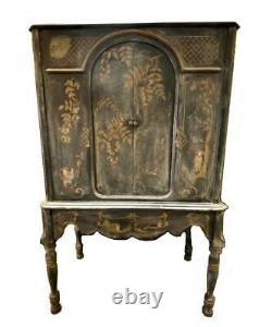 Antique 1920s Chinoiserie Asian Painted Pagoda Scenic Bar Cabinet Armoire Chest