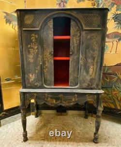 Antique 1920s Chinoiserie Asian Painted Pagoda Scenic Bar Cabinet Armoire Chest