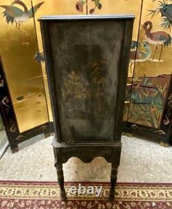 Antique 1920s Chinoiserie Asian Painted Pagoda Scenic Bar Cabinet Armoire Chest