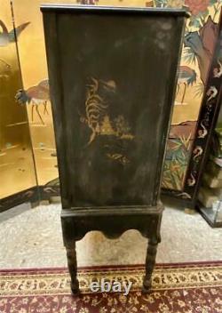 Antique 1920s Chinoiserie Asian Painted Pagoda Scenic Bar Cabinet Armoire Chest