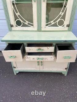 Antique 1920s Hoosier Kitchen Cabinet Porcelain Top With Glass Doors Green
