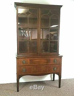 Antique 1920s Mahogany Inlaid China Cabinet Bookcase Hutch